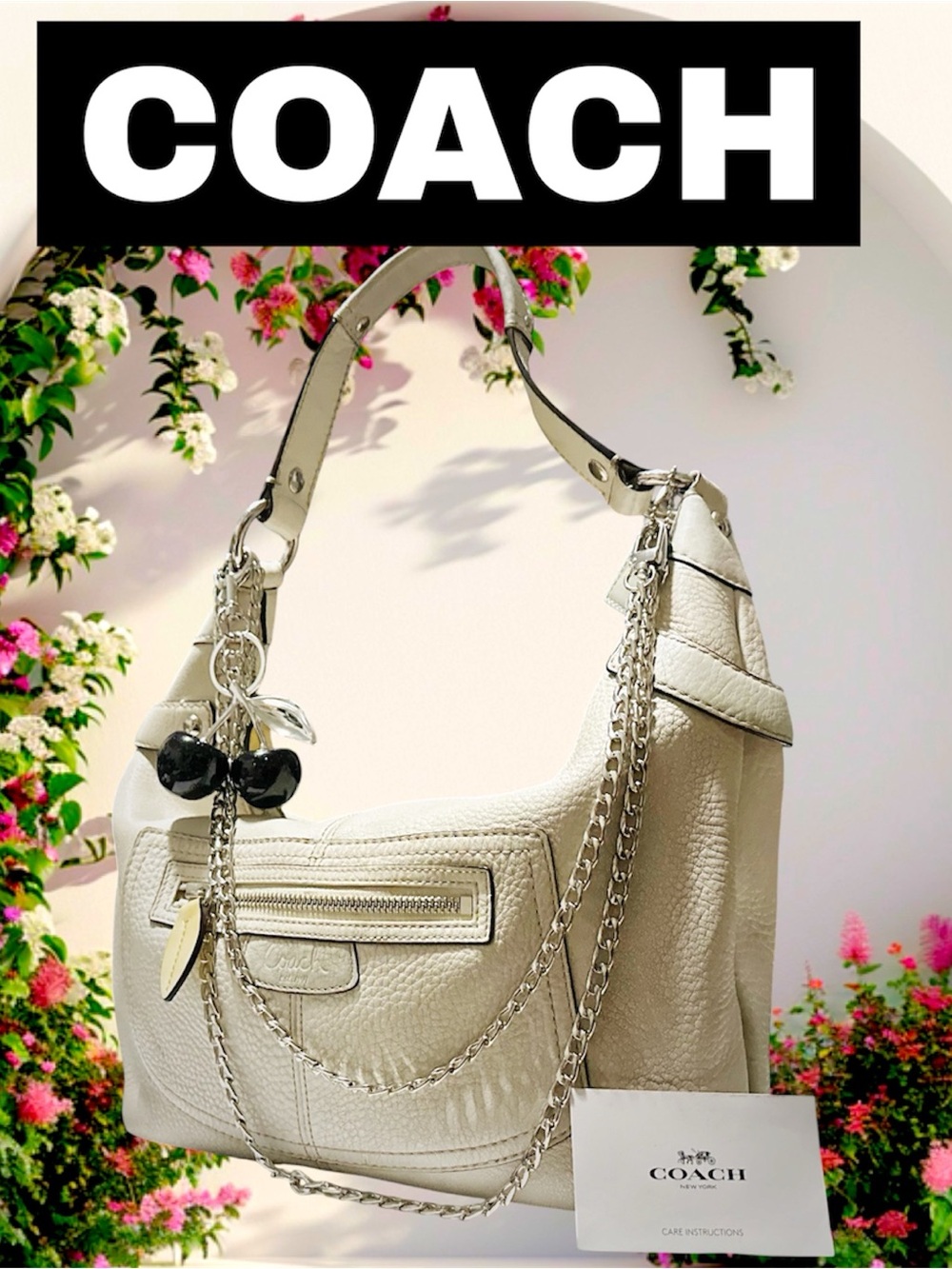 Vintage Coach soho Cream Pebbled Leather Shoulder Bag with Chain Detail - Picture 5 of 15